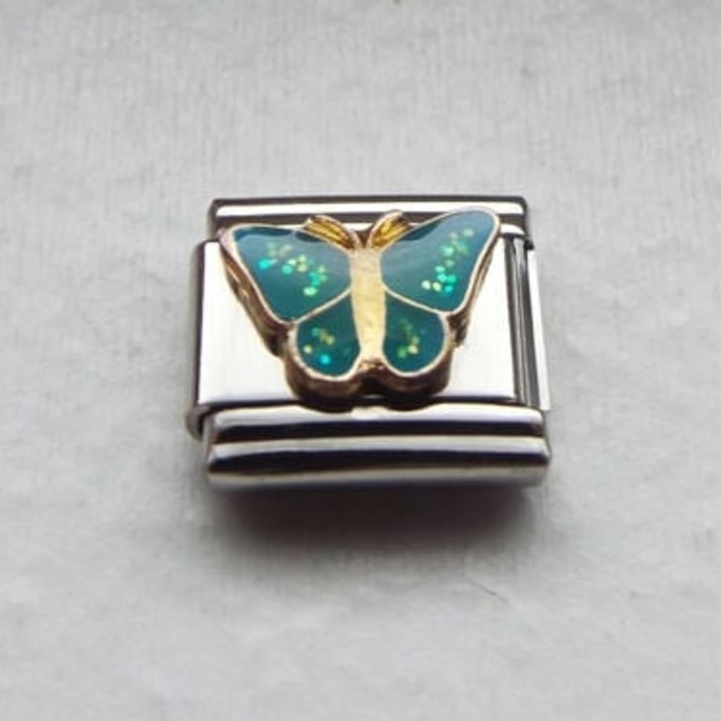Sparkly Green Enamel Butterfly 9mm Stainless Steel Italian Charm Bracelet Link